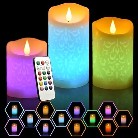 NICEME 3PCS LED Multi Colored Flameless Candles with Remote Control Timer Color Changing Candles Realistic Wax Battery Operated Candles with Flickering Flame, D3 x H4 5" 6" Cover