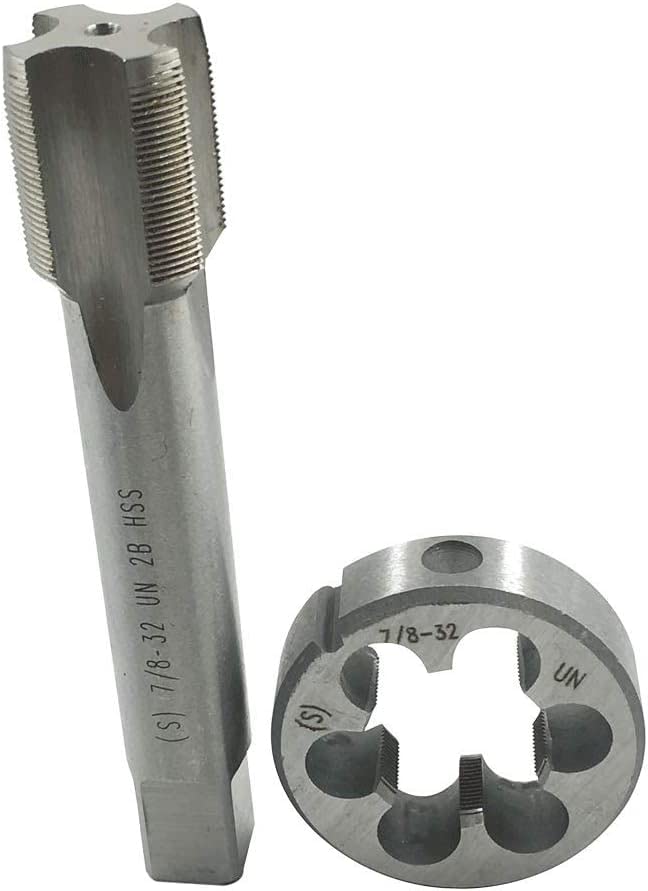 Hunricho 7/8”-16 7/8”-18 7/8”-20 7/8”-24 7/8”-27 7/8”-28 7/8”-32 UNS UN UNEF HSS Tap and Die Set，UNEF Machine Thread Tap and UNS Round Thread Die Right Hand (7/8”-32 UN)