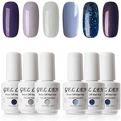 Gellen Gel Nail Polish Set - Pastel Shade 6 Solid Colors Blue Sparkle Glitters Trendy Nail Gel Colors Home Manicure Set