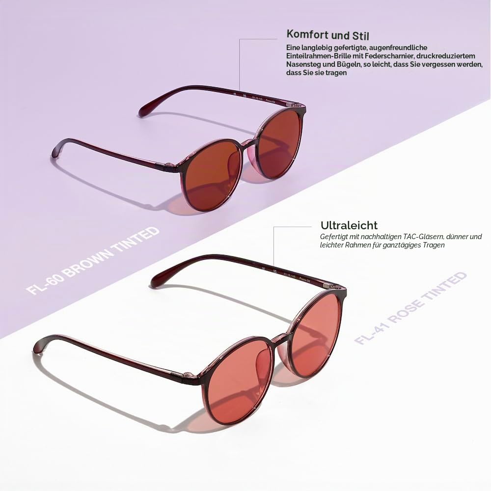 BRADDELL OPTICS Migräne Blaufilterbrille FL-41 Rosa & FL-60 Braun bei Photophobie, LED-Beleuchtung und Computerbildschirmen