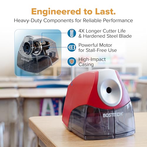 Image of Bostitch Office Electric Pencil Sharpener for Classroom & Desk Use, Heavy-Duty Stall-Free Motor, High-Capacity Shavings Tray, Red
