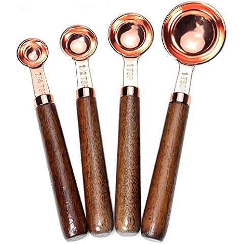 Goeielewe Set of 4 Stainless Steel Measuring Spoons, Copper Plated Nesting Measuring Spoon Set with Walnut Wood Handle for Dry and Liquid Ingredients (Spoons Set: 1/4 1/2 1 tsp & 1tbsp) Cover