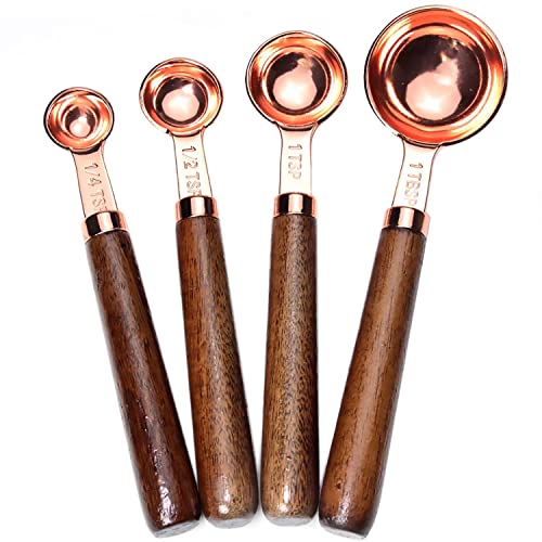 copper measuring spoons - Goeielewe Set of 4 Stainless Steel Measuring Spoons, Copper Plated Nesting Measuring Spoon Set with Walnut Wood Handle for Dry and Liquid Ingredients (Spoons Set: 1/4 1/2 1 tsp & 1tbsp)