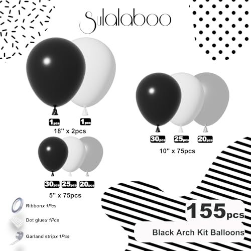 Image of Black and Silver Balloons Arch Kit 155Pcs 18 10 5 Inch | Black White Different Sizes Latex Metallic Silver Balloon Garland for Birthday Anniversary Graduation Party Decorations