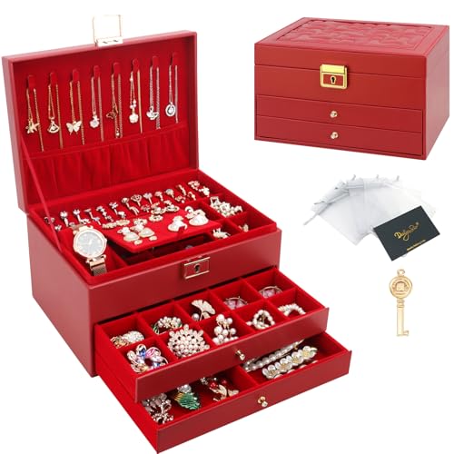 DesignSter Boîte à bijoux, Organisateur de bijoux avec 2 tiroirs, Boîte de rangement de bijoux en cuir à 3 couches avec serrure, Coffret à Bijoux pour collier, d'oreille, bracelet, Rouge