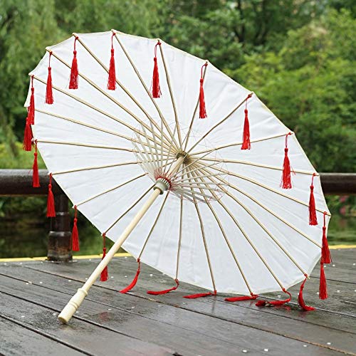Preisvergleich Produktbild LPJ Chinesischer Regenschirm mit Schleife, Seide, Regenschirm Hanfu, Requisite Shoot, antikes Kostüm, Prinzessin-Sonnenschirm, weiß, Fransen