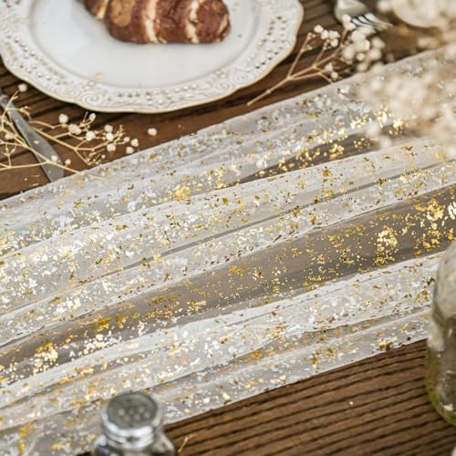 Artoid Mode 6Pcs Beige Gold Gauze Table Runner 120 Inch 10FT, Glitter Metallic Foil Sheer Dining Wedding Anniversary Holiday Birthday Table Decor for Home Party - Image 4