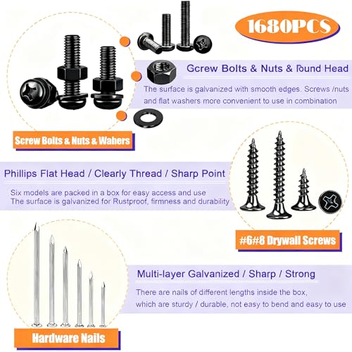 Image of Dianrui 1680 PCS Blcak Nails and Screws Assortment Kit & Screw Bolts and Nuts, M3 /M4 /M5 /M6 Machine Screws, Small Nails for Picture Hanging, #6#8 Drywall Screw Set for DIY Project Length 1 /2 inch to 2 inch