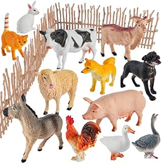 BUYGER Kids Farm Animals Toys Playset, Large and Mini Size Toy Animals Figure Set with Assemble Fence, Realistic Looking - Gift for 3 4 5 Year Old Boys Girls