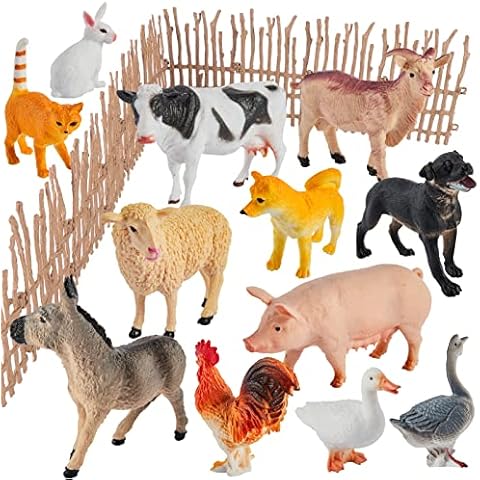 BUYGER Kids Farm Animals Toys Playset, Large and Mini Size Toy Animals Figure Set with Assemble Fence, Realistic Looking - Gift for 3 4 5 Year Old Boys Girls Cover