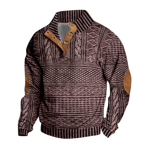Mens Casual Tweed Stand Collar Sweatshirts Long Sleeve Twist Patterned Polo Sweatshirt Button Up Cable Knit Sweaters