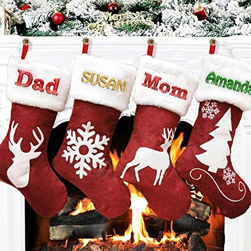 Personalized Christmas Stockings (18 inch) - Custom Embroidered Name Red Green Ivory Santa Deer Tree Pet Cat Dog- Rustic Farmhouse Fireplace for Family Decorations Holiday