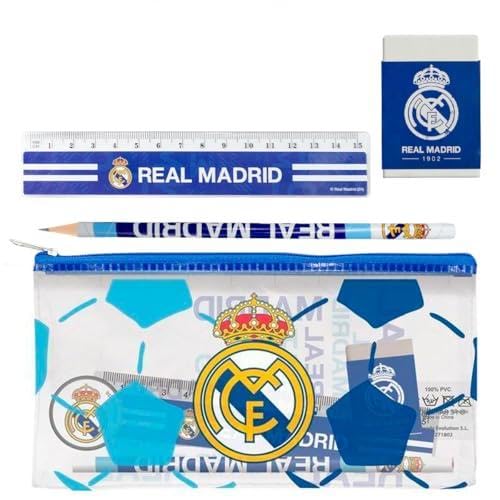 Set de Papelería Real Madrid con Estuche Escolar, 1 Lápiz, 1 Sacapuntas y 1 Goma de Borrar Material Escolar | Producto Oficial