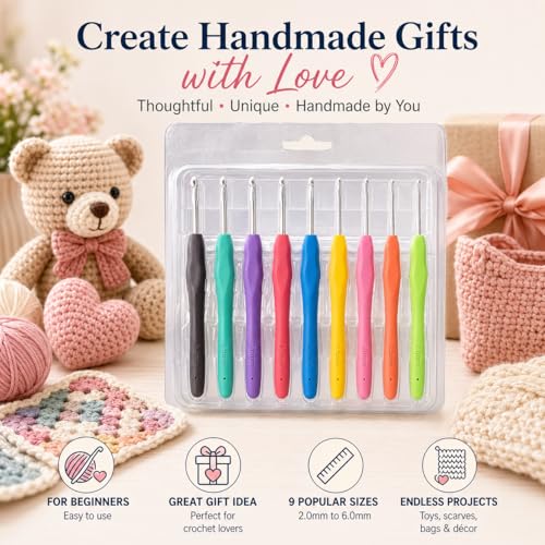 Image of Crochet Hooks, 9PCS Crochet Needles, 2mm-6mm Ergonomic Soft Grip Crochet Hook Set, Crochet Kit for Beginners, Aluminum Yarn Hooks for Arthritic Hands,Comfortable Crochet Needles,Craft Gift for Women