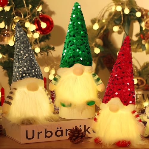 JEDWKFA 3 Piezas Gnomo Navidad, Gnomos Navideños con Luz, Gnomo Navideño de Peluche, Gnomos Navideños Decoraciones, Muñecos de Navidad, Adorno de Mesa Navideño