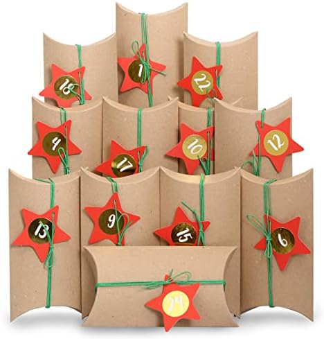 Papierdrachen Kalendarz adwentowy DIY do wypełnienia - 24 pudełka - czerwony - 24 naturalne brązowe pudełka z kartonu 400g/m² do postawienia i ozdobienia - 24 pudełka - Boże Narodzenie