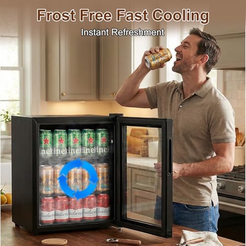 Image of Mini Fridge 50 Can, Small Beverage Refrigerator with Reversible Glass Door, Countertop Drink Cooler with Temperature Control, Compact Beer Soda Fridge for Office Dorm Kitchen, Black