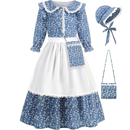 Aoiviss Girls Pioneer Costume Floral Colonial Prairie Dress for Little Kids with Apron and Bonnet, Blue