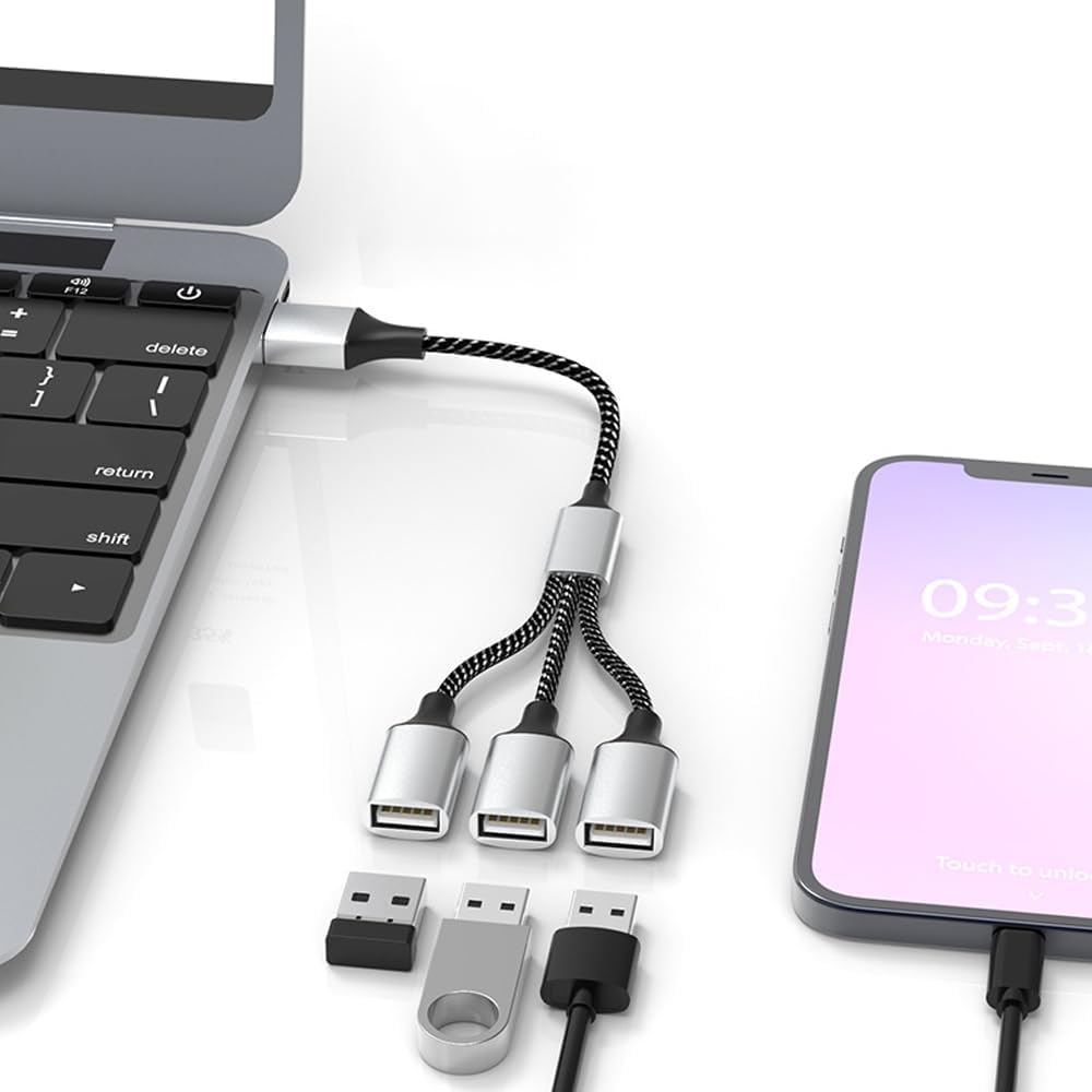 Adattatore USB C maschio a tre prese USB cavo adattatore tipo C per alimentazione e dati, Multi Hub per MacBook, Pad, PC, laptop