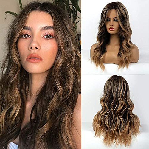 BooYoor Long Wavy Ombre Black Brown Wigs for Women Natural Brown Wavy Wig Synthetic Heat Resistant Fiber Hair for Daily Party