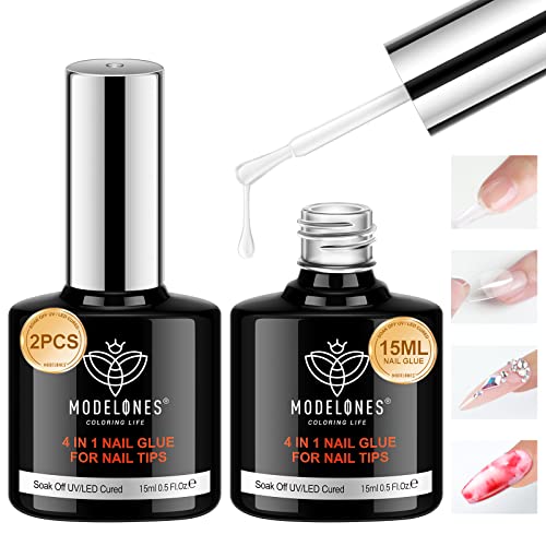 Modelones 4 in 1 Nail Glue Base Coat Nail Polish Set Brush On Gel Nail Glue for Rhinestone, False Nails, Base Gel, Blooming Nail Art Gel Nail Kit for Acrylic Nails Lamp Needed 2Pcs 15ml