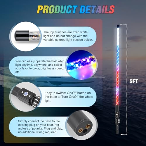 Image of Nilight Boat Navigation Light 5FT Spiral LED Whip Lights