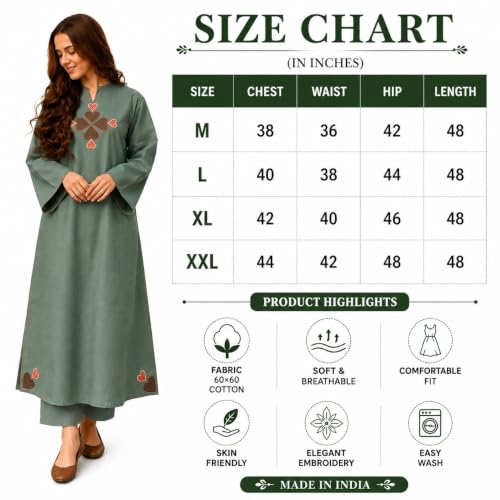 Image of Women's 60x60 Cotton Embroidered Kurta Pant Set