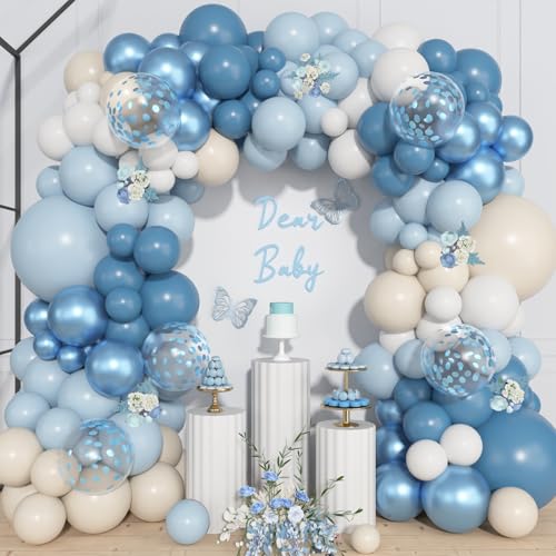 Image of Ouddy Life 157 Pcs Dusty Blue Balloons Garland Arch Kit, Dusty Baby Light Metallic Blue Sand White Confetti Balloon Different Size Birthday Wedding Boy Baby Shower Gender Reveal Decorations