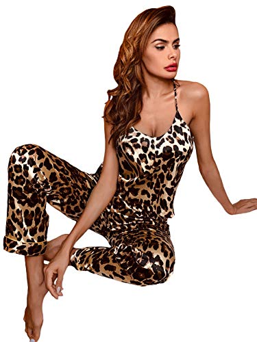 Soly Hux Women's Leopard Print Cami Top With Pants Satin Pajama Set Sleepwear Brown S #TOP4