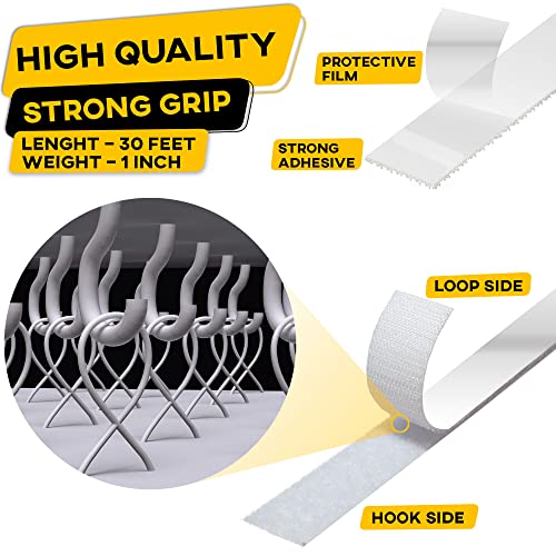 Image of Hook and Loop Tape Roll with Heavy Duty Adhesive Industrial Strength Easy to Cut, Strong Hook and Loop Strips with Sticky Back, White, 1 Inch * 30 Feet