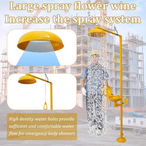 Image of Emergency Shower Eye Wash Station Safty Shower Combination Eye Wash Station with Shower, NPT Thread, 304 Stainless Steel+Yellow Coating with Emergency Sign First Aid Eyewash Station (Yellow)