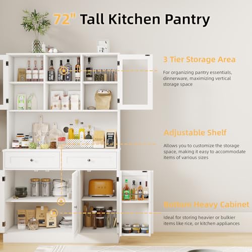 BREEZEHEAT 68\" Tall Pantry Storage Cabinet, Kitchen Hutch with Glass Doors, Countertop, Adjustable Shelves & 2 Drawers, Freestanding Food Hutch with Microwave Stand for Dining Room or Kitchen, White