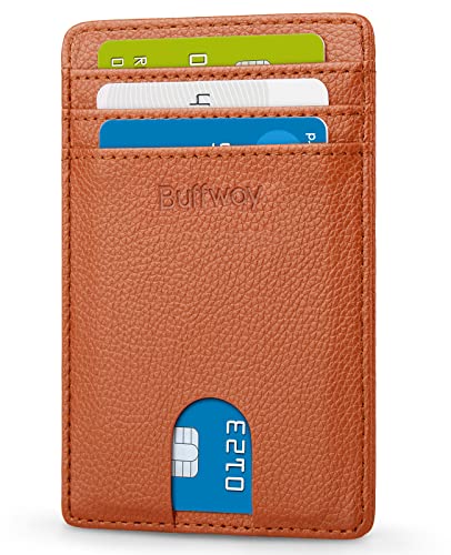 Image of Buffway Mens Slim Wallet, Minimalist Thin Front Pocket Leather Credit Card Holder with RFID Blocking for Work Travel | Minimalist