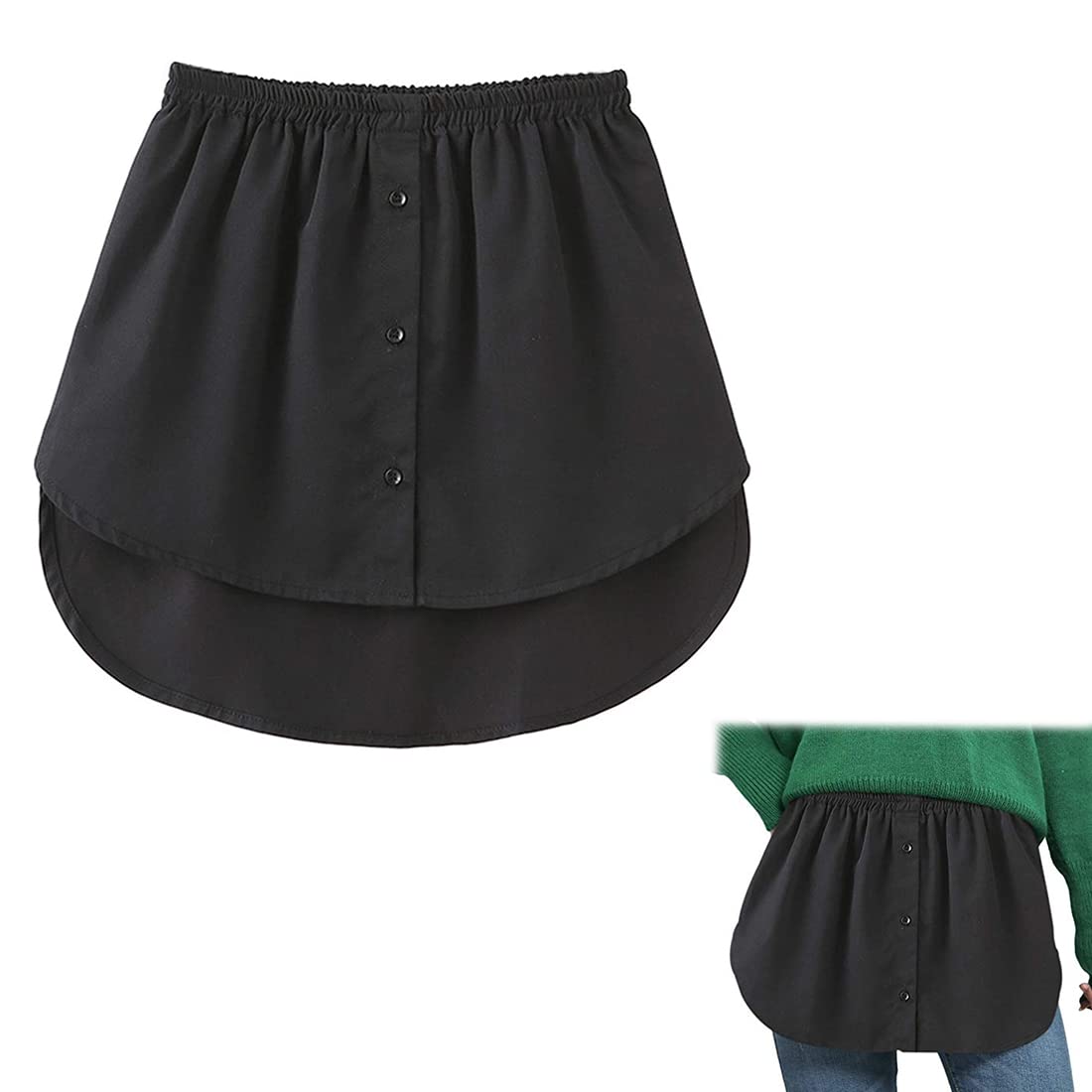 Damska mini halka, dolna spódnica, przedłużenie koszuli, z guzikami, przedłużenie koszuli, top dolny, fałszywy top, mini spódnica, obszycie, warstwowa, sztuczne spódnice (kolor czarny/M)