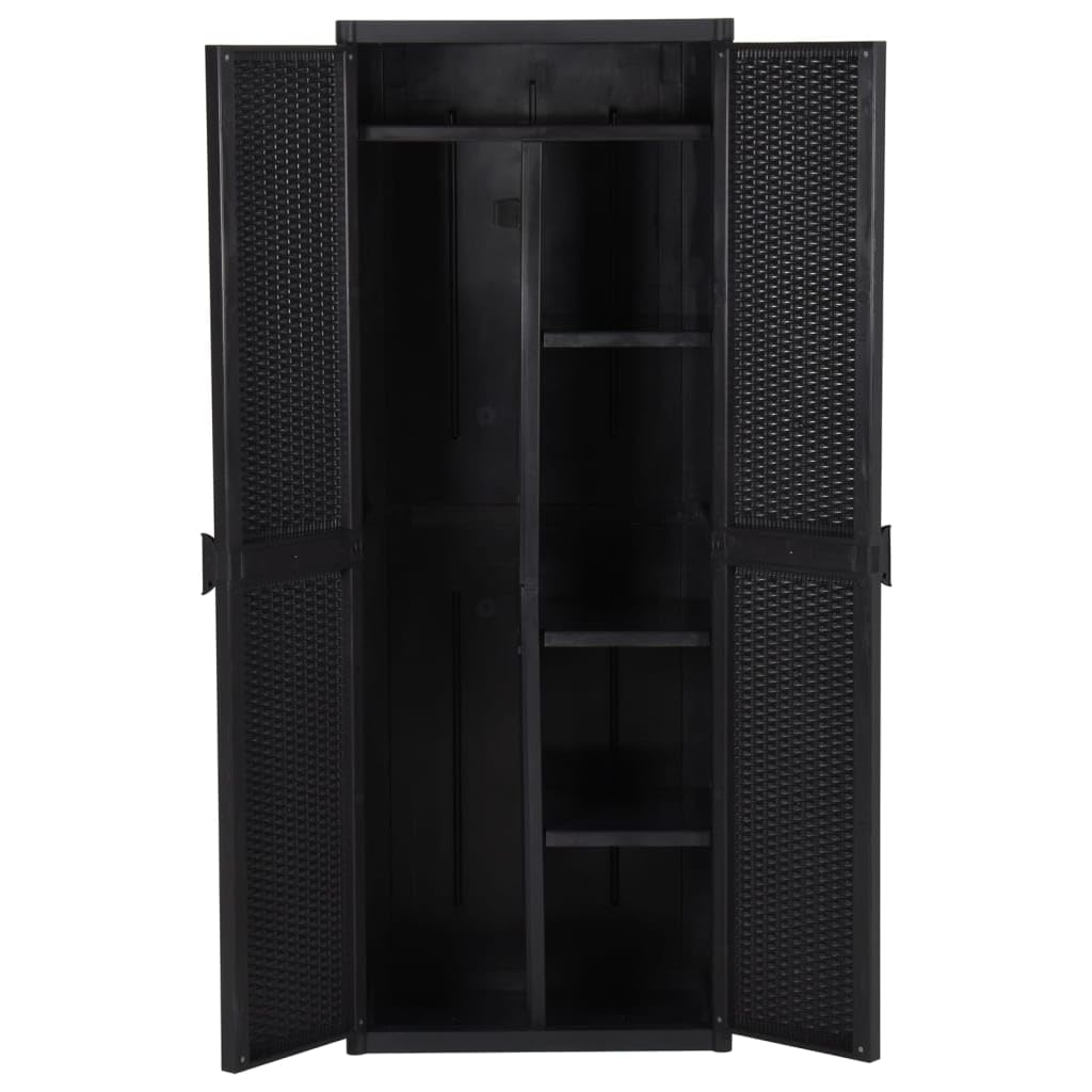 Armario de jardín negro 65 x 45 x 172 cm de ratán de polipropileno con 4 estantes y soporte para escoba, armario de almacenamiento de polipropileno duradero para terraza y jardín, color negro