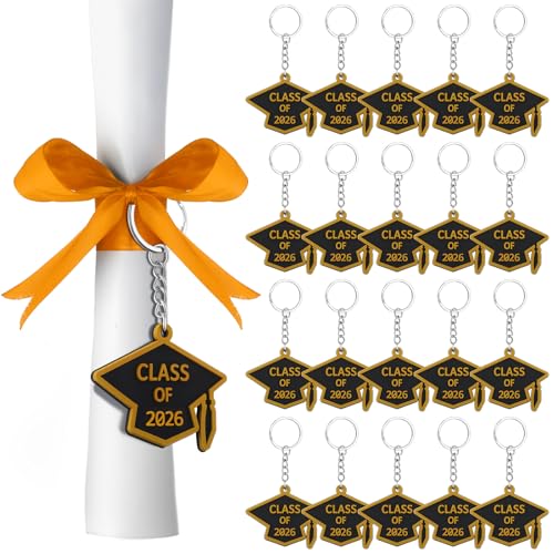 WILLBOND 20 Pieces Class of 2026 Graduation Keychains Rubber Key Chains Grad Cap(Gold and Black)