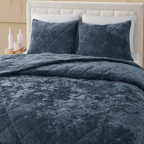 Image of Wonderful Luxury Velvet Blue Quilt Set King, Diamond Stitch Pattern Bedding, Lightweight Ultra-Soft Skin-Friendly, All-Season, Versatile as Comforter /Bedspread for Adults Teens Kids Bedroom,106 inchx94 inch