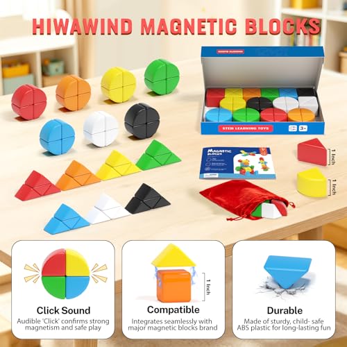 Image of Hiwawind 56 PCS Magnetic Blocks, 1-Inch Isosceles Triangles & Quarter Circles, Montessori STEM Sensory Toys for Kids Ages 3-6, Christmas & Birthday Gift for Boys Girls