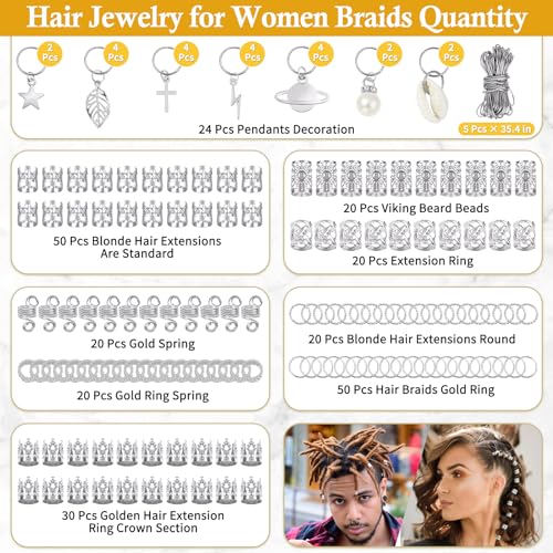 Lucomb 259 Pcs Hair Jewelry and Accessories - Silver Loc Jewelry, Hair Cuffs, Clips, Charms, Rings for Women's Braids, Dreadlocks, and Hair Decoration