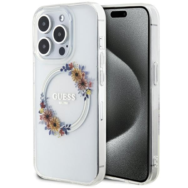 Guess GUHMP15XHFWFCT Coque pour iPhone 15 Pro Max 6,7 Pouces Coque Rigide Transparente IML Fleurs Wreatch