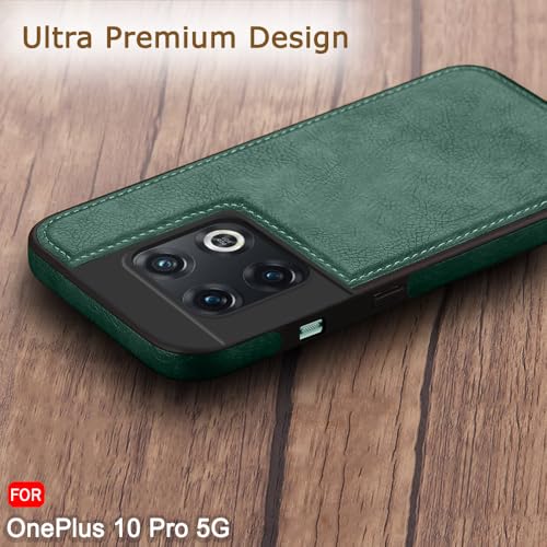 Image of TheGiftKart Genuine Leather Finish Back Cover Case for OnePlus 10 Pro 5G | Shockproof Design | Raised Edges for Camera & Screen Protection | Stunning Minimalist Design Back Case Cover (Green)