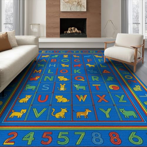 ODIKA 6'x9' Large ABC Border Circle Numbers Layout Classroom Alphabet Educational Refined Washable Area Rug Foldable Easy Care for Queen Size Bedroom, Under Bed, Master Bedroom