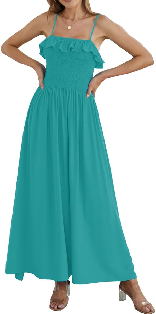 Women's Summer Ruffled Boho Maxi Dress Casual Sleeveless Spaghetti Strap Smocked Beach Long Dress - Image 4
