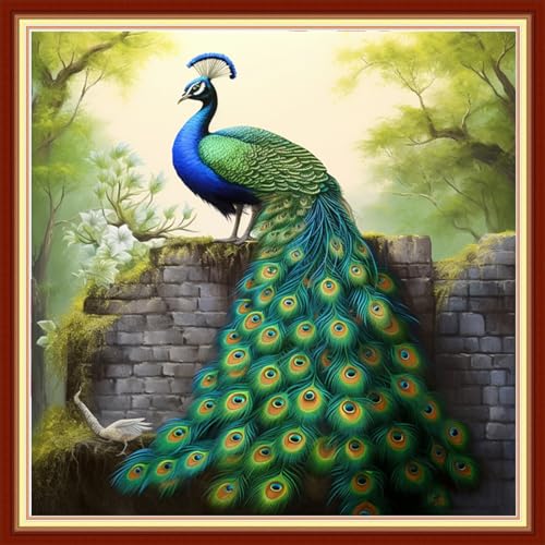 Image of DMCVIVR Stamped Cross Stitch Kits for Beginners Adults Needlepoint Kits for Beginners Embroidery Kits for Adults Crossstitch Kit for Beginners 11CT-Blue Peafowl 18x18 inchs