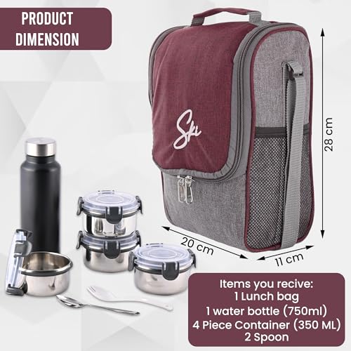 Image of Kuber Industries Leak Proof Lunch Boxes for Office Men & Women with Bottle (750 ml), 4 Container (350 ml) & 2 Spoons Pouch /Bag | Airtight Tiffen Box for School Kids | Grey & Red