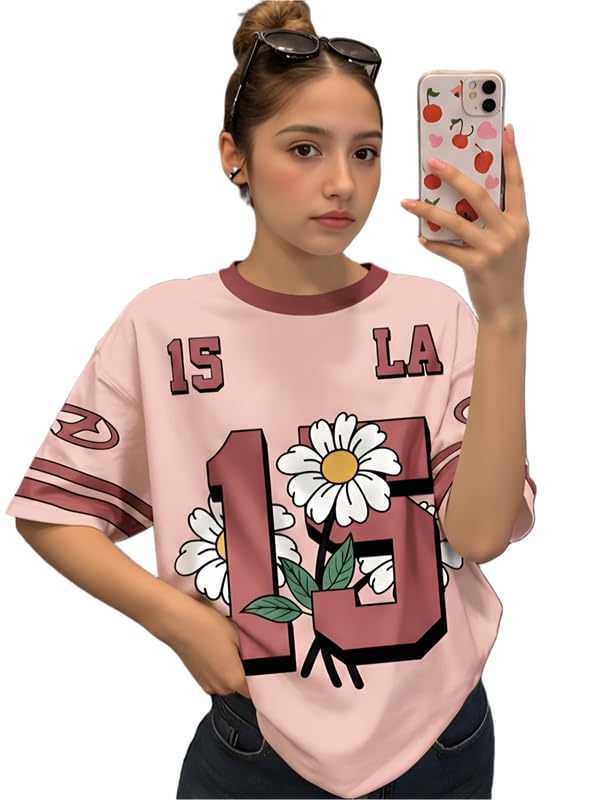 Image of KSHS Cotton Oversized T-Shirt for Women, Printed Loose Fit Womens Tshirt, Soft Cotton Fabric, Round Neck Half Sleeve Casual Top, Aesthetic Drop Shoulder Style Tee