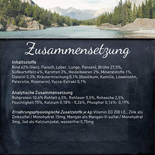 Wildes Land - Nassfutter für Hunde - Nr. 5 Rind - 12 x 400 g - mit Süßkartoffeln, Heidelbeeren, Wildkräutern & Distelöl - Glutenfrei - Extra viel Fleisch - Beste Akzeptanz und Verträglichkeit