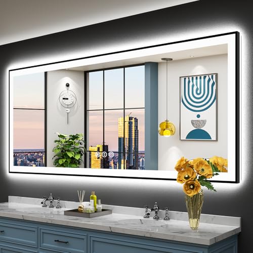 Image of 84x32 Black Framed LED Bathroom Mirror with Lights, Backlit and Front Lit Anti-Fog Lighted Vanity Mirrors for Bathroom Wall, Dimmable, 3-Color Light, Memory, Shatter-Proof, HD Tempered Glass