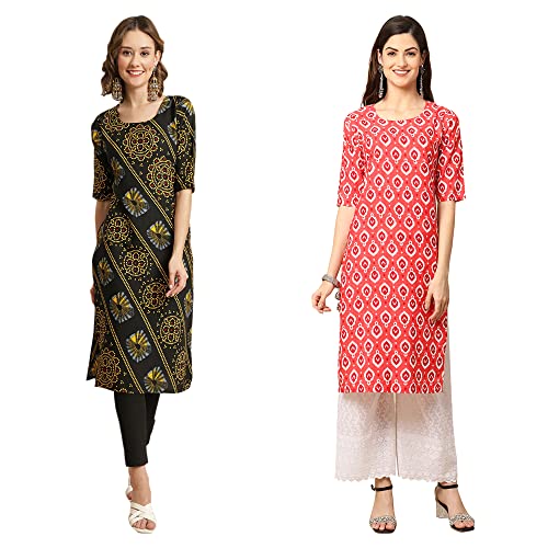 Image of Pinkmint Women's Crepe Digital Print Straight Kurta [Pack of 2]
