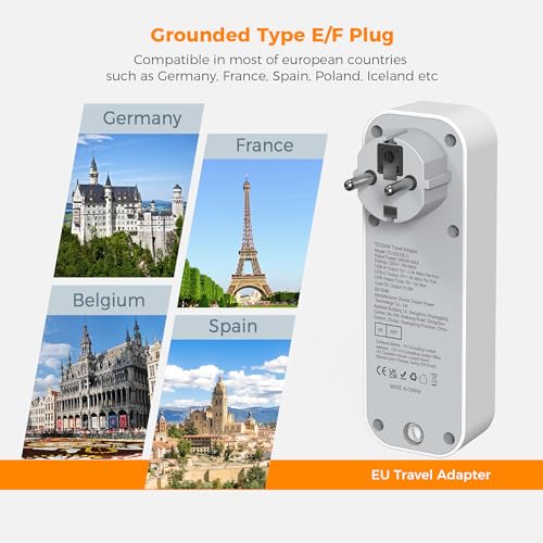 UK to European Travel Plug Adapter, TESSAN Grounded EU Euro Europe Travel Adapter with 3 USB (1 USB C) - Image 3